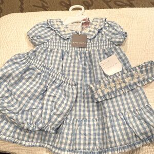 Tahari Baby Blue Gingham Dress Set (6-9 Months) with Bloomers & Headband